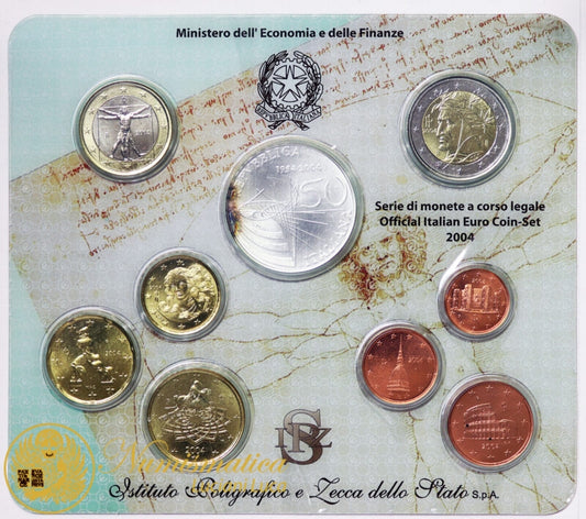 ITALIA 2004 : Serie divisionale 9 valori Fdc 50° Trasmissioni Televisive ossidazione alla moneta da 5 euro