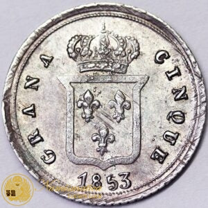 NAPOLI Mezzo Carlino da 5 Grana 1853 FERDINANDO II DI BORBONE 1830-59 Ag RARO Q.FDC #3430
