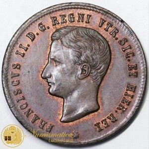 REGNO DUE SICILIE 2 Tornesi 1859 NAPOLI Francesco II di Borbone 1859-60 rame rosso Fdc #PV43