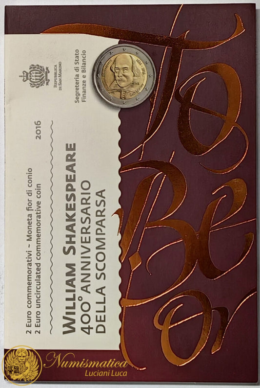 San Marino 2016 : 2 Euro Fdc 400° Anniversario WIlliam Shakespeare