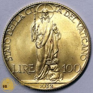 *VATICANO 100 Lire 1932 PIO XI 1929-38 Au RARO Fdc #PV330