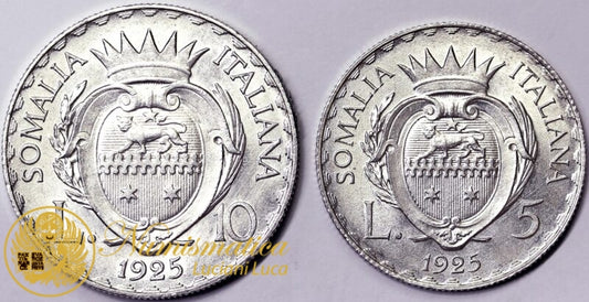 SOMALIA ITALIANA Coppiola 5 e 10 Lire 1925 Roma VITTORIO EMANUELE III Ag RARO Q.Fdc/Fdc #PV171ab