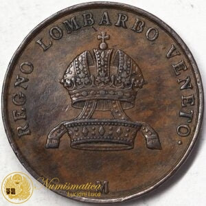 LOMBARDO VENETO Francesco Giuseppe 5 Centesimi 1850 zecca Milano Variante dicitura LOMBARBO bronzo Molto Rara BB+ #PV213