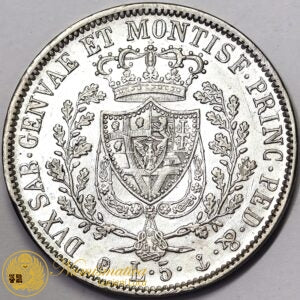 REGNO DI SARDEGNA 5 Lire 1829 GENOVA Carlo Felice 1821-31 Ag SPL+ #PV312