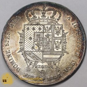 REGNO D’ETRURIA Carlo Ludovico di Borbone – Reggenza di Maria Luigia 1803-07 DENA 1807 Zecca Firenze Ag Q.Fdc/Fdc RARA #PV3
