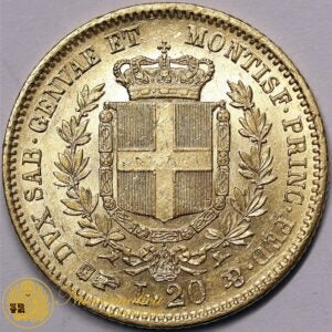 * REGNO DI SARDEGNA Vittorio Emanuele II 20 Lire 1855 Torino Au Spl+ Variante P. al posto di F. sotto il collo #PV743